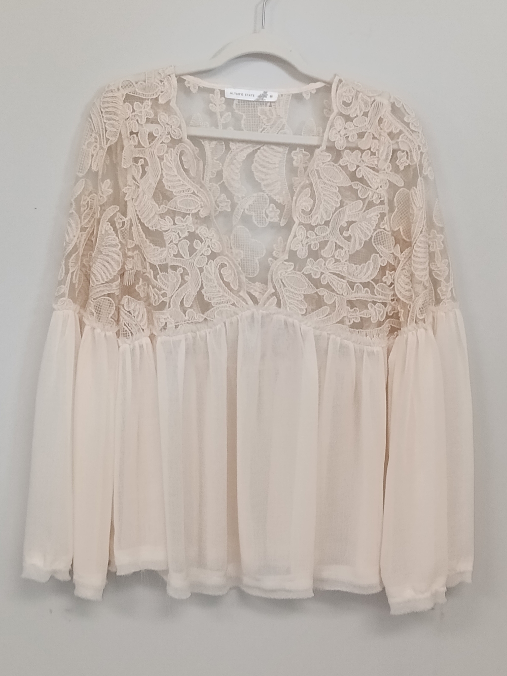 Altar'd State Ivory Lace Semi Sheer V Neck Ethereal Fairy Peasant Boho Blouse M